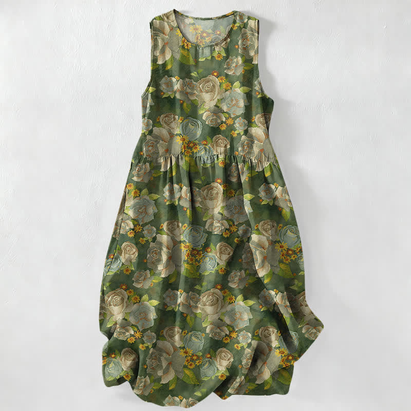 Buddha Stones Summer Casual Vintage Rose Flowers Pattern Women's Summer Sleeveless Midi Dress With Pockets - Olive - US16,UK/AU20,EU48 (3XL) - image 4