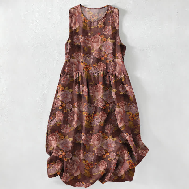 Buddha Stones Summer Casual Vintage Rose Flowers Pattern Women's Summer Sleeveless Midi Dress With Pockets - Sienna - US16,UK/AU20,EU48 (3XL) - image 5