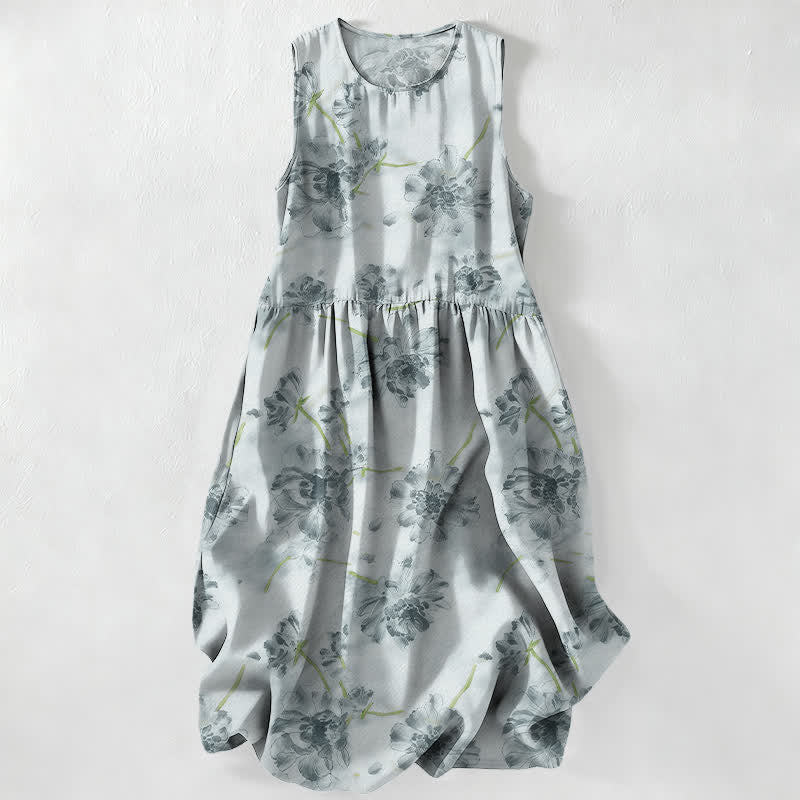 Buddha Stones Summer Casual Floral Botanical Pattern Women's Summer Sleeveless Midi Dress With Pockets - LightBlue - US16,UK/AU20,EU48 (3XL) - image 0