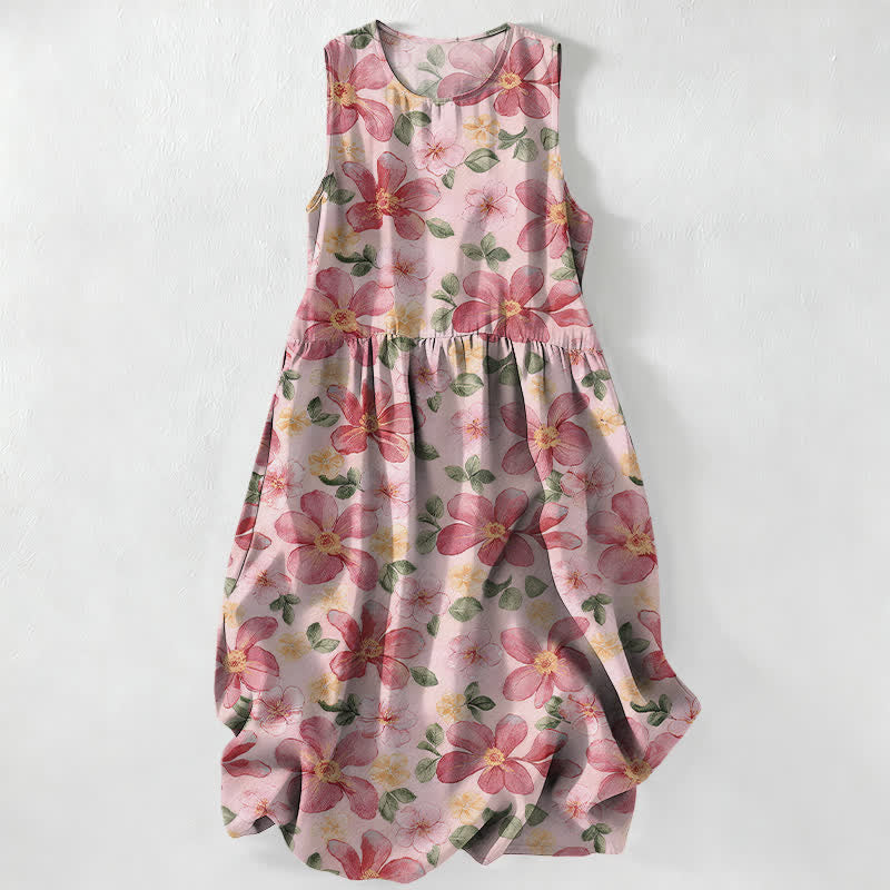 Buddha Stones Summer Casual Large Petals Leaves Pattern Women's Summer Sleeveless Midi Dress With Pockets - LightPink - US16,UK/AU20,EU48 (3XL) - image 0