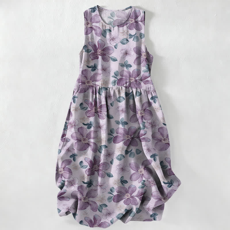 Buddha Stones Summer Casual Large Petals Leaves Pattern Women's Summer Sleeveless Midi Dress With Pockets - Lavender - US16,UK/AU20,EU48 (3XL) - image 4