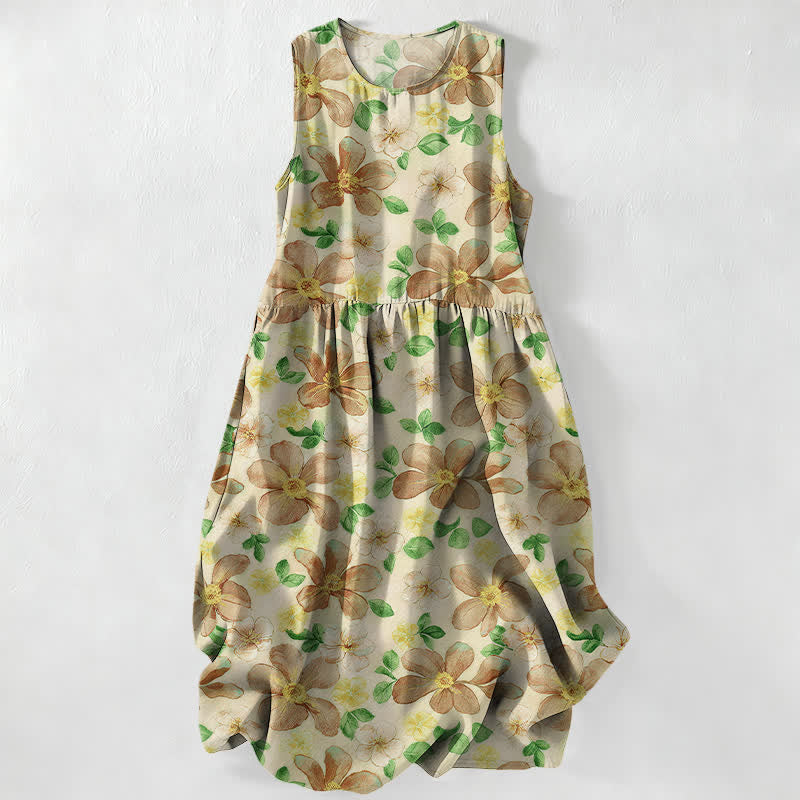 Buddha Stones Summer Casual Large Petals Leaves Pattern Women's Summer Sleeveless Midi Dress With Pockets - Beige - US16,UK/AU20,EU48 (3XL) - image 5