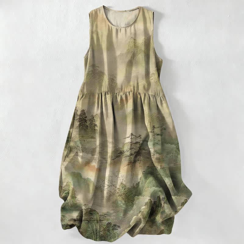 Buddha Stones Summer Casual Ink Landscape Pattern Women's Summer Sleeveless Midi Dress With Pockets - Khaki - US16,UK/AU20,EU48 (3XL) - image 0
