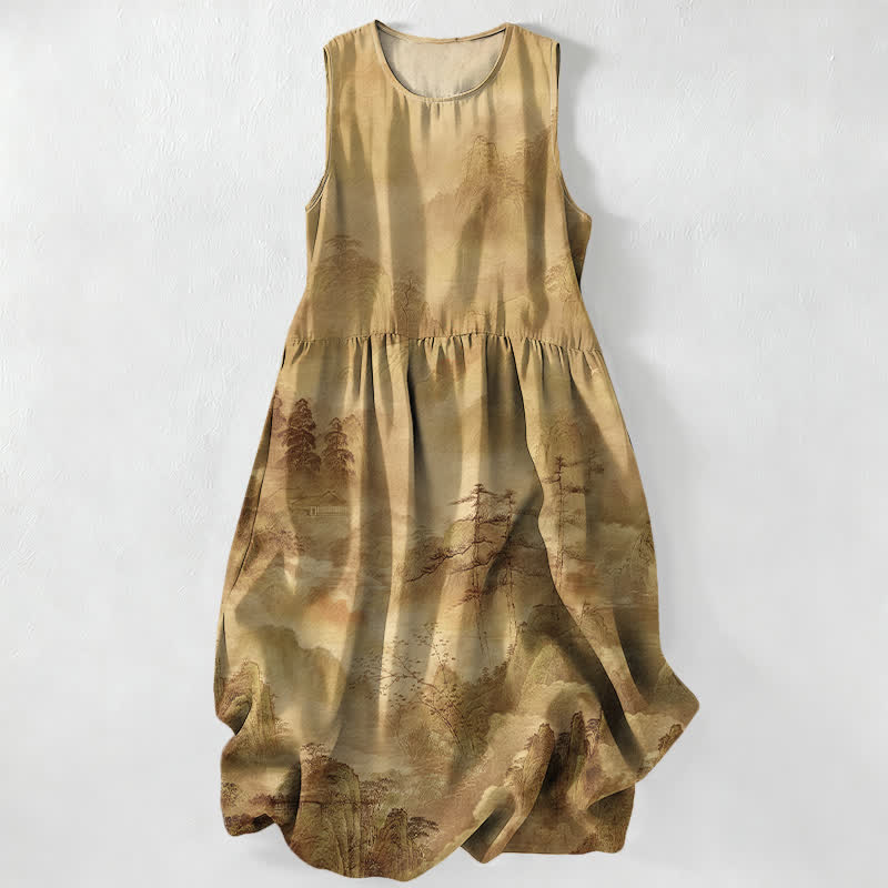 Buddha Stones Summer Casual Ink Landscape Pattern Women's Summer Sleeveless Midi Dress With Pockets - BurlyWood - US16,UK/AU20,EU48 (3XL) - image 4