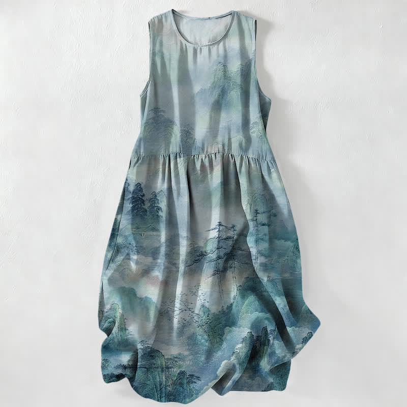 Buddha Stones Summer Casual Ink Landscape Pattern Women's Summer Sleeveless Midi Dress With Pockets - Turquoise - US16,UK/AU20,EU48 (3XL) - image 5