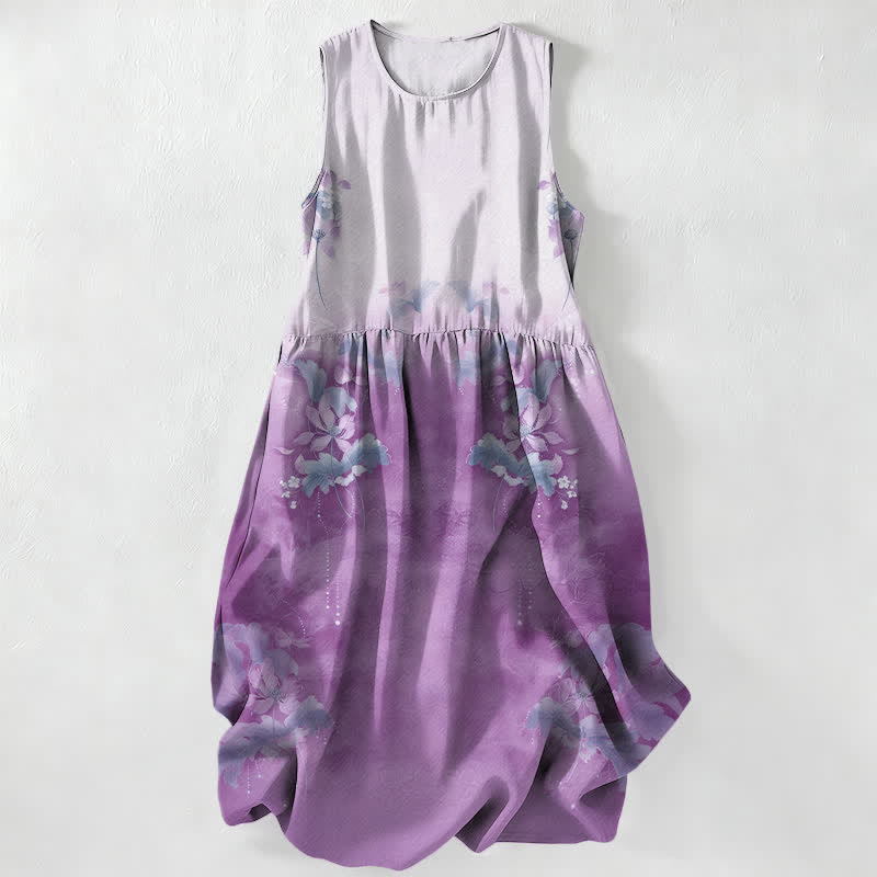 Buddha Stones Summer Casual Gradient Floral Leaves Pattern Women's Summer Sleeveless Midi Dress With Pockets - Lavender - US16,UK/AU20,EU48 (3XL) - image 4