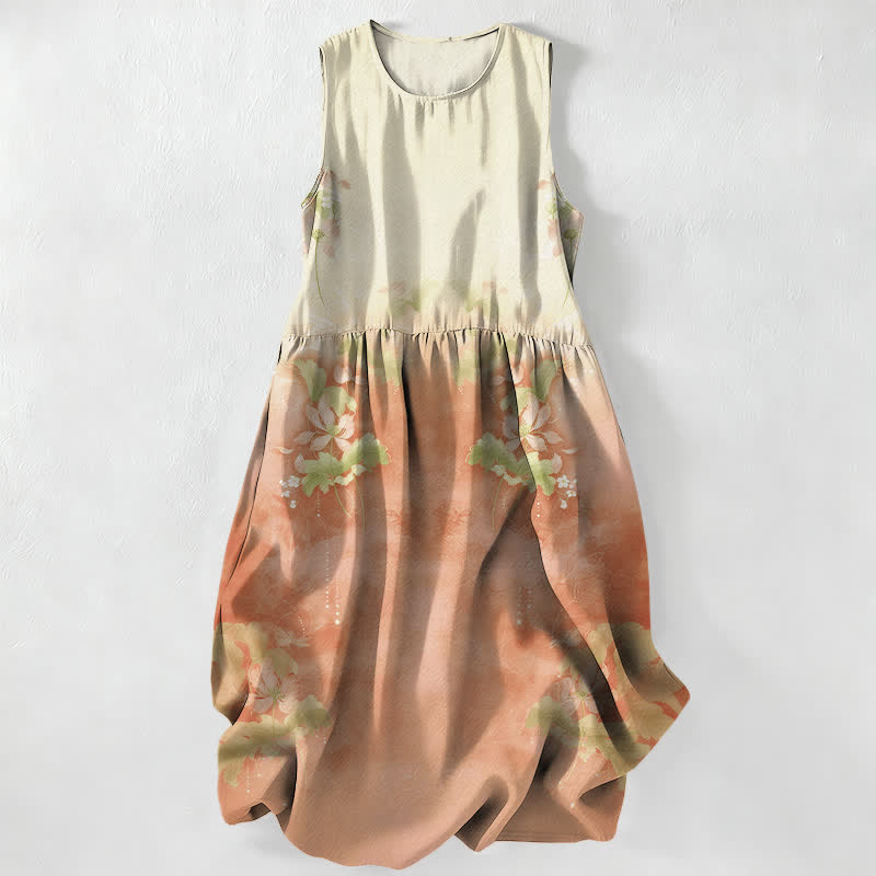 Buddha Stones Summer Casual Gradient Floral Leaves Pattern Women's Summer Sleeveless Midi Dress With Pockets - PeachPuff - US16,UK/AU20,EU48 (3XL) - image 5