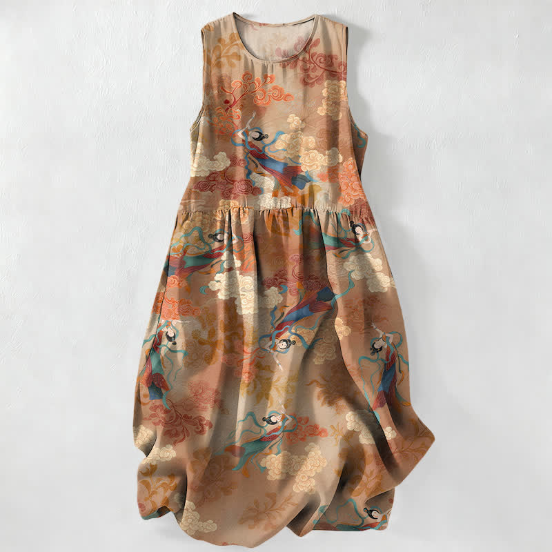 Buddha Stones Summer Casual Eastern Cloud Figure Pattern Women's Summer Sleeveless Midi Dress With Pockets - BurlyWood - US16,UK/AU20,EU48 (3XL) - image 0