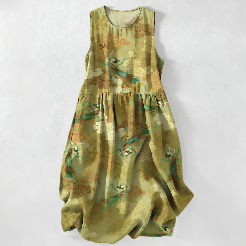 Buddha Stones Summer Casual Eastern Cloud Figure Pattern Women's Summer Sleeveless Midi Dress With Pockets - YellowGreen - US16,UK/AU20,EU48 (3XL) - image 5