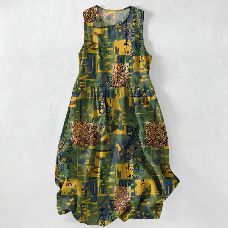 Buddha Stones Summer Casual Abstract Patchwork Geometric Pattern Women's Summer Sleeveless Midi Dress With Pockets - Olive - US16,UK/AU20,EU48 (3XL) - image 0