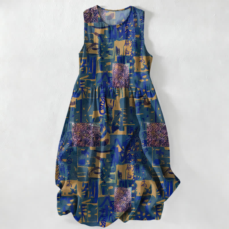 Buddha Stones Summer Casual Abstract Patchwork Geometric Pattern Women's Summer Sleeveless Midi Dress With Pockets - RoyalBlue - US16,UK/AU20,EU48 (3XL) - image 4
