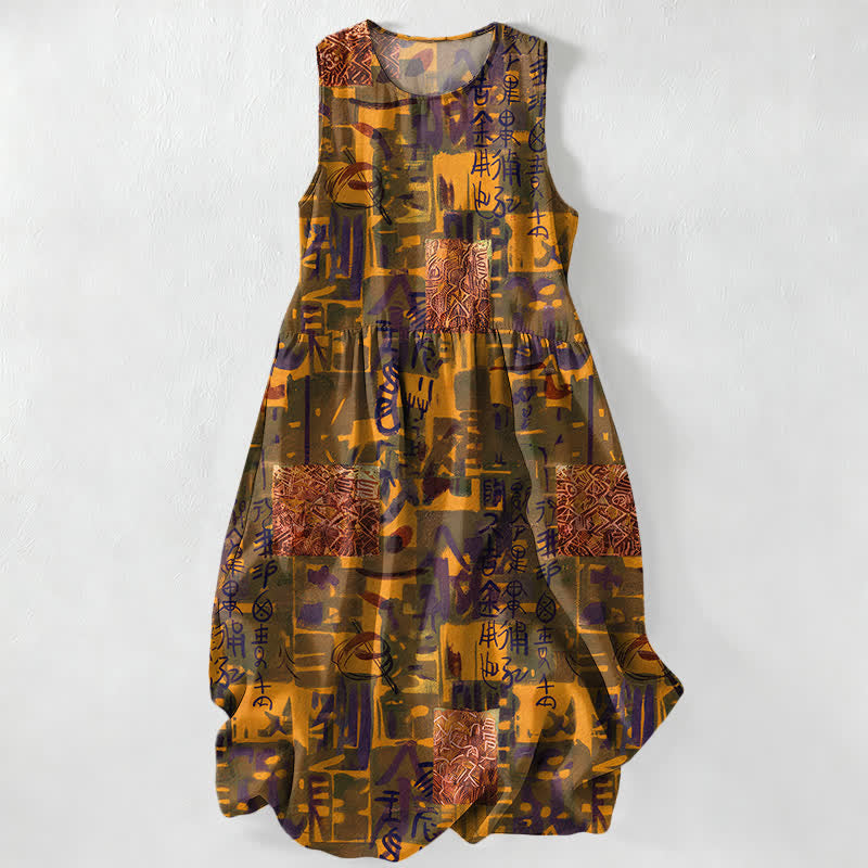 Buddha Stones Summer Casual Abstract Patchwork Geometric Pattern Women's Summer Sleeveless Midi Dress With Pockets - Goldenrod - US16,UK/AU20,EU48 (3XL) - image 5