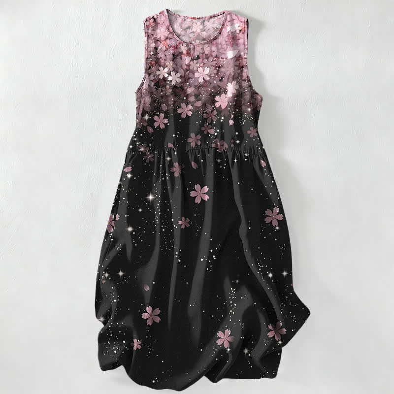 Buddha Stones Summer Casual Cherry Blossom Starlight Pattern Women's Summer Sleeveless Midi Dress With Pockets - PaleVioletRed - US16,UK/AU20,EU48 (3XL) - image 0