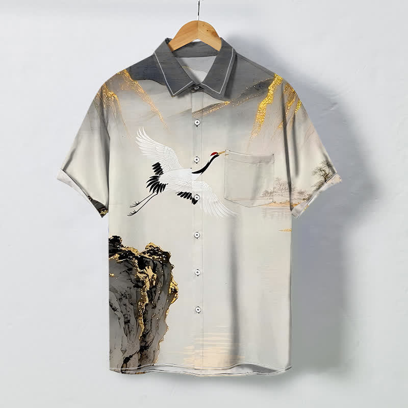 Buddha Stones Ink Crane Mountain Pattern Buttons Wrinkle-resistant Men's Short Sleeve Shirt - Gray - US/UK/AU48,EU58 (4XL) - image 0