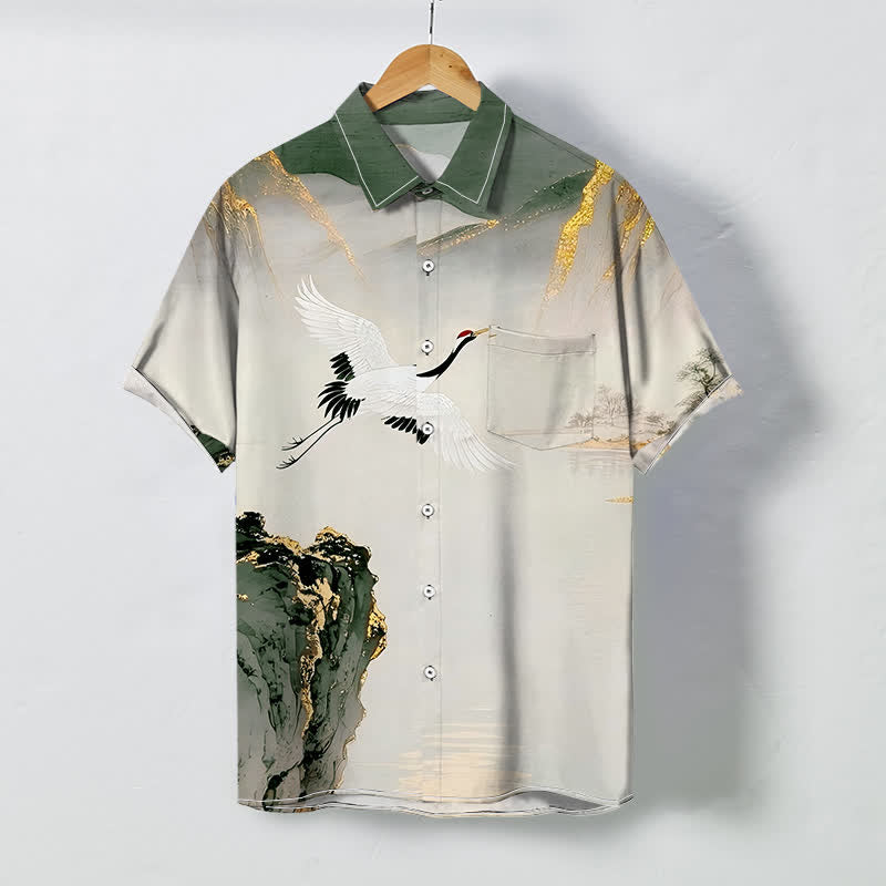 Buddha Stones Ink Crane Mountain Pattern Buttons Wrinkle-resistant Men's Short Sleeve Shirt - DarkSeaGreen - US/UK/AU48,EU58 (4XL) - image 3
