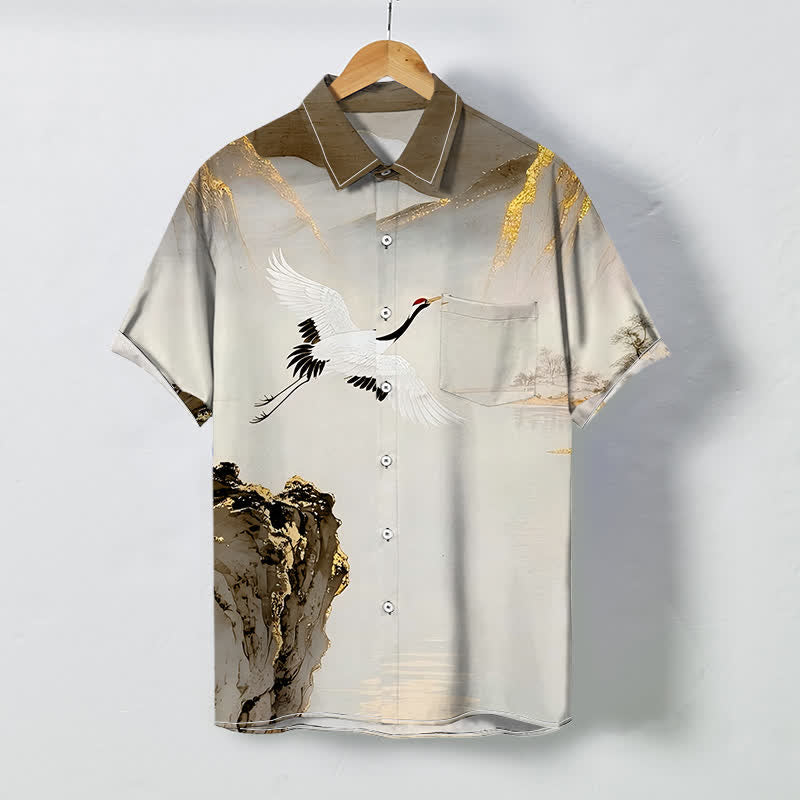 Buddha Stones Ink Crane Mountain Pattern Buttons Wrinkle-resistant Men's Short Sleeve Shirt - Sienna - US/UK/AU48,EU58 (4XL) - image 6