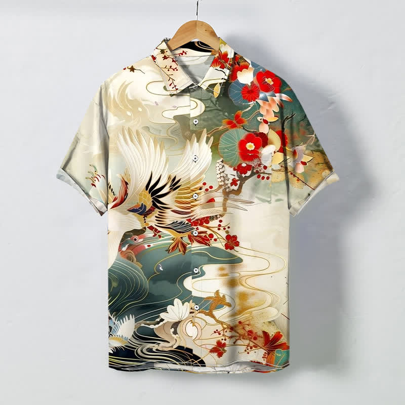 Buddha Stones Crane Wave Floral Pattern Buttons Breathable Men's Short Sleeve Shirt - Linen - US/UK/AU48,EU58 (4XL) - image 0