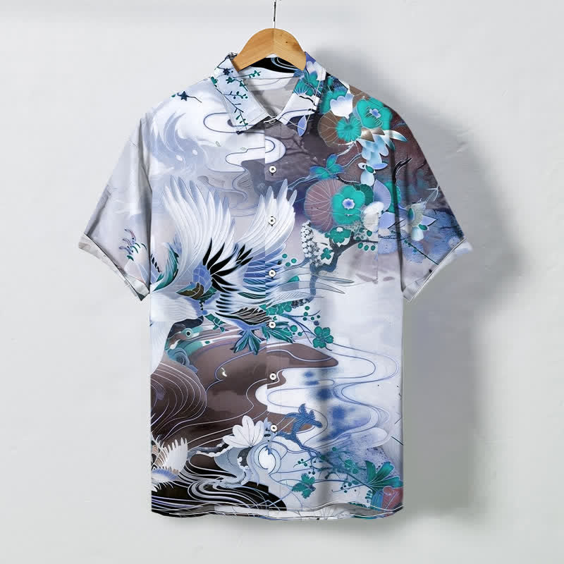 Buddha Stones Crane Wave Floral Pattern Buttons Breathable Men's Short Sleeve Shirt - LightBlue - US/UK/AU48,EU58 (4XL) - image 3