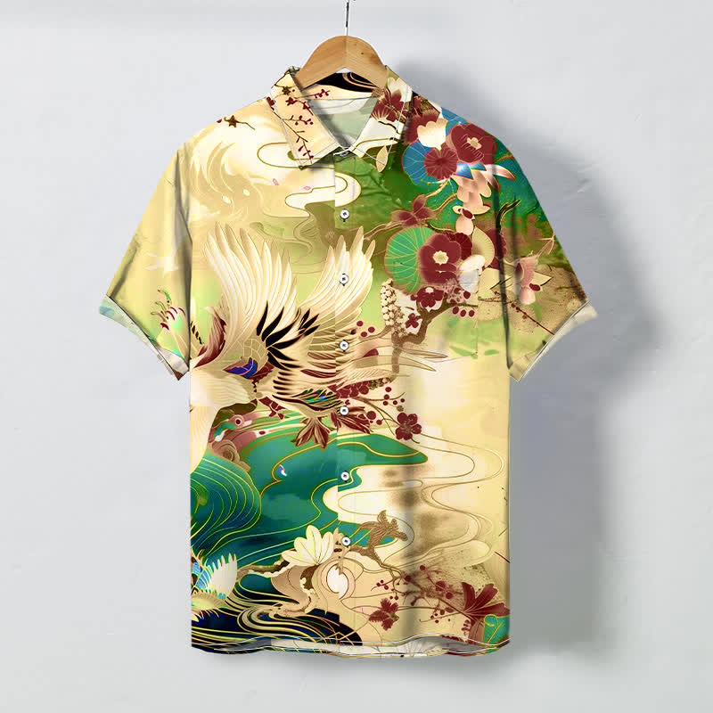 Buddha Stones Crane Wave Floral Pattern Buttons Breathable Men's Short Sleeve Shirt - Cornsilk - US/UK/AU48,EU58 (4XL) - image 6