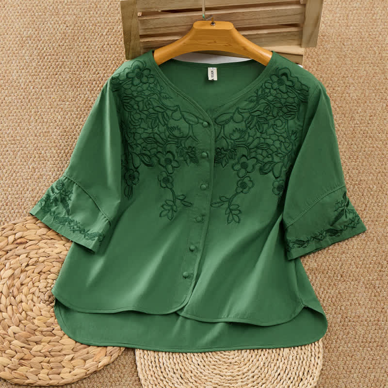 Buddha Stones Summer Vintage Embroidery V-Neck Button-Up Floral Women's Elbow-Length Sleeve Shirts - ForestGreen - US8-10,UK/AU12-14,EU40-42 (2XL) - image 0