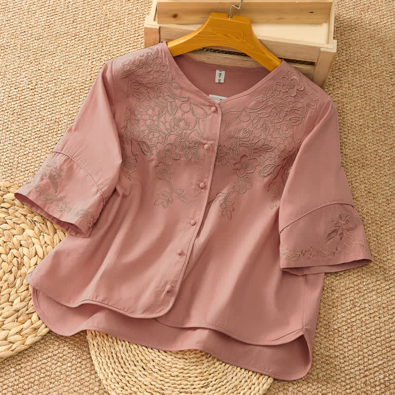 Buddha Stones Summer Vintage Embroidery V-Neck Button-Up Floral Women's Elbow-Length Sleeve Shirts - DarkSalmon - US8-10,UK/AU12-14,EU40-42 (2XL) - image 7