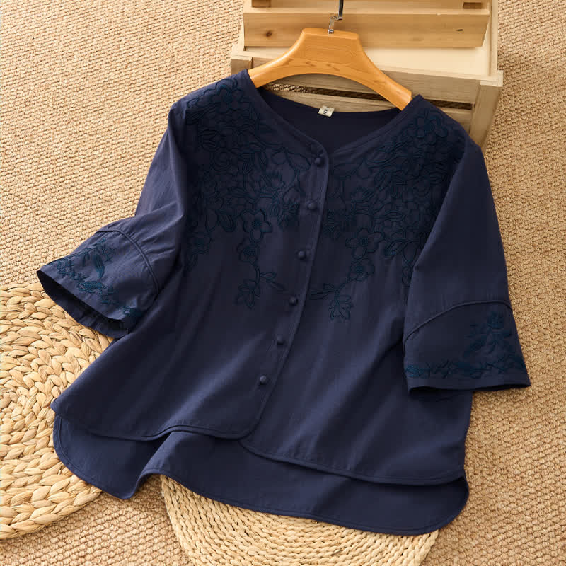 Buddha Stones Summer Vintage Embroidery V-Neck Button-Up Floral Women's Elbow-Length Sleeve Shirts - MidnightBlue - US8-10,UK/AU12-14,EU40-42 (2XL) - image 14