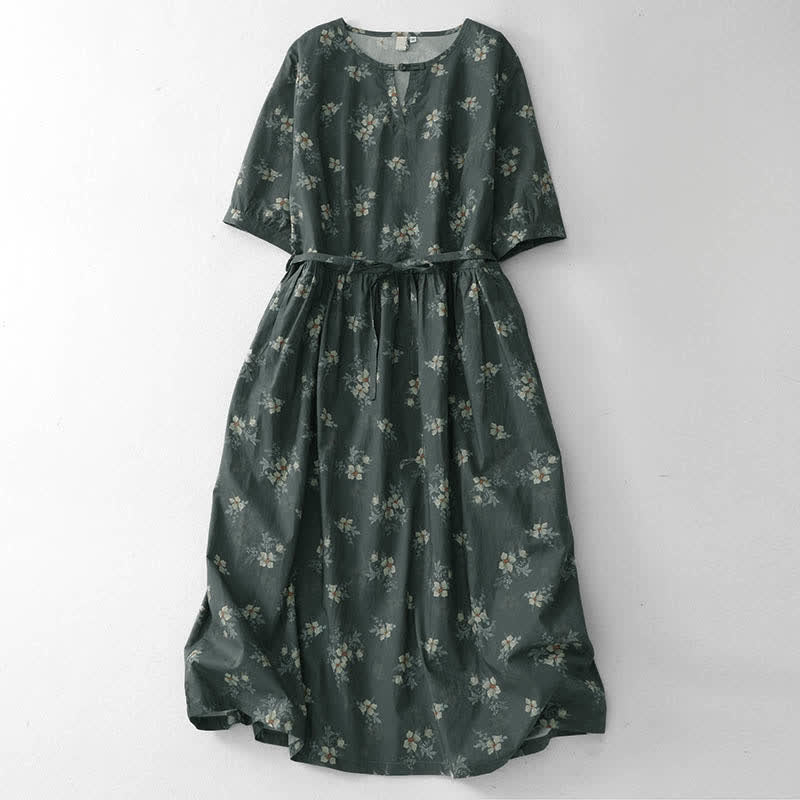 Buddha Stones Summer Vintage Drawstring Gray Floral Women's Short Sleeve Dresses With Pocket - DarkSlateGray - US12,UK/AU16,EU44 (2XL) - image 0