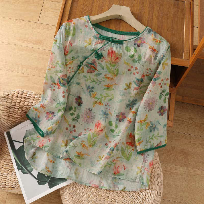 Buddha Stones Summer Tang Style Mandarin Collar Frog Button Floral Women's Three-Quarter Sleeve Shirts - Honeydew - US8-10,UK/AU12-14,EU40-42 (2XL) - image 15