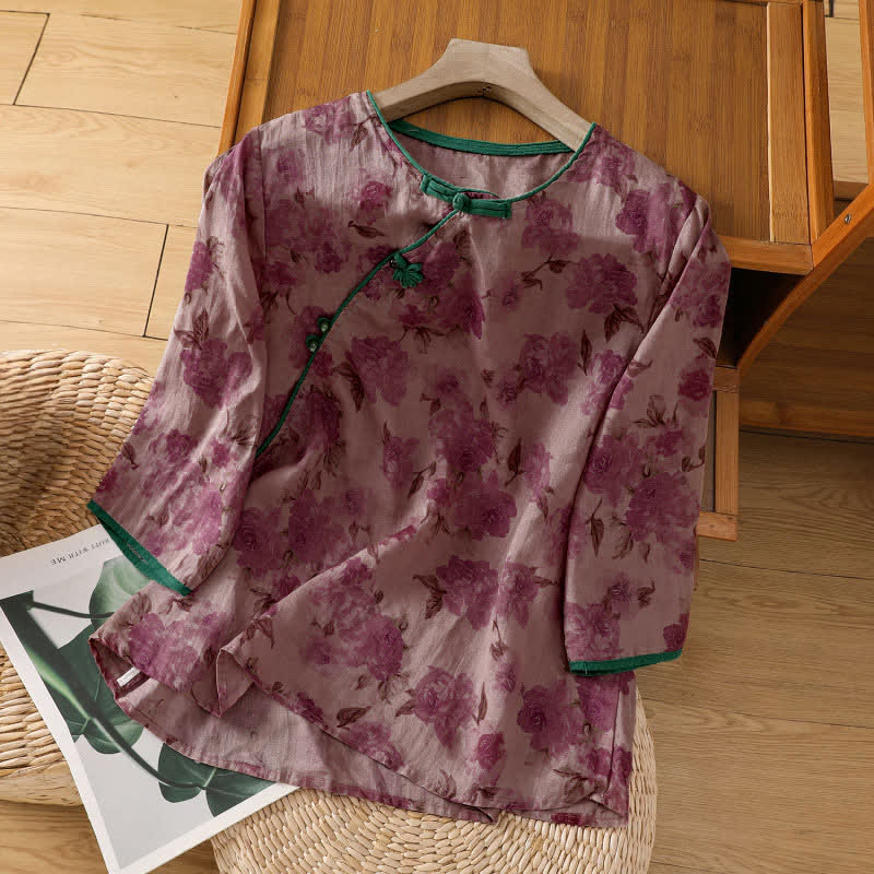 Buddha Stones Summer Tang Style Mandarin Collar Frog Button Floral Women's Three-Quarter Sleeve Shirts - MediumVioletRed - US8-10,UK/AU12-14,EU40-42 (2XL) - image 7