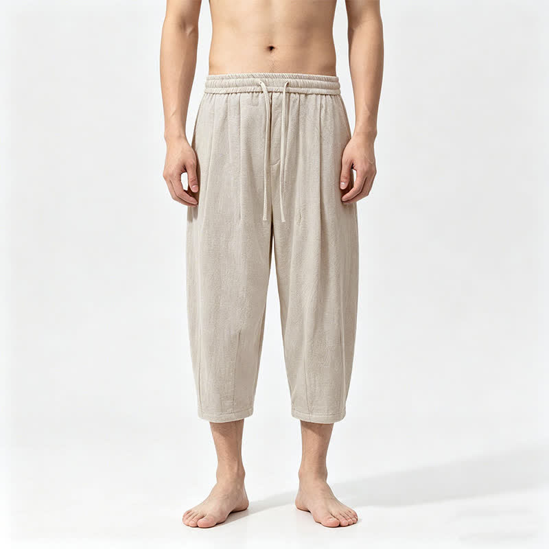 Buddha Stones Summer Casual Drawstring Solid Cotton Capri Pants Men's Harem Pants With Pockets - Beige - US/UK/AU46,EU56 (5XL) - image 3