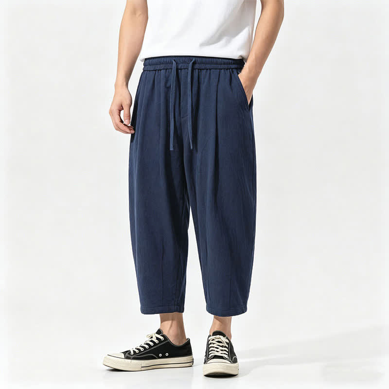 Buddha Stones Summer Casual Drawstring Solid Cotton Capri Pants Men's Harem Pants With Pockets - Navy - US/UK/AU46,EU56 (5XL) - image 2