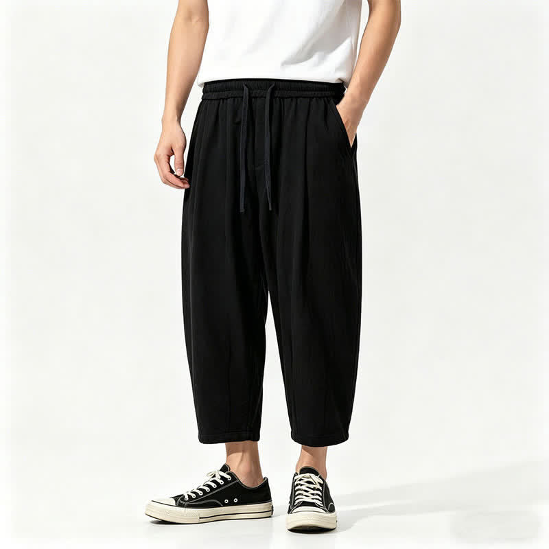 Buddha Stones Summer Casual Drawstring Solid Cotton Capri Pants Men's Harem Pants With Pockets - Black - US/UK/AU46,EU56 (5XL) - image 1