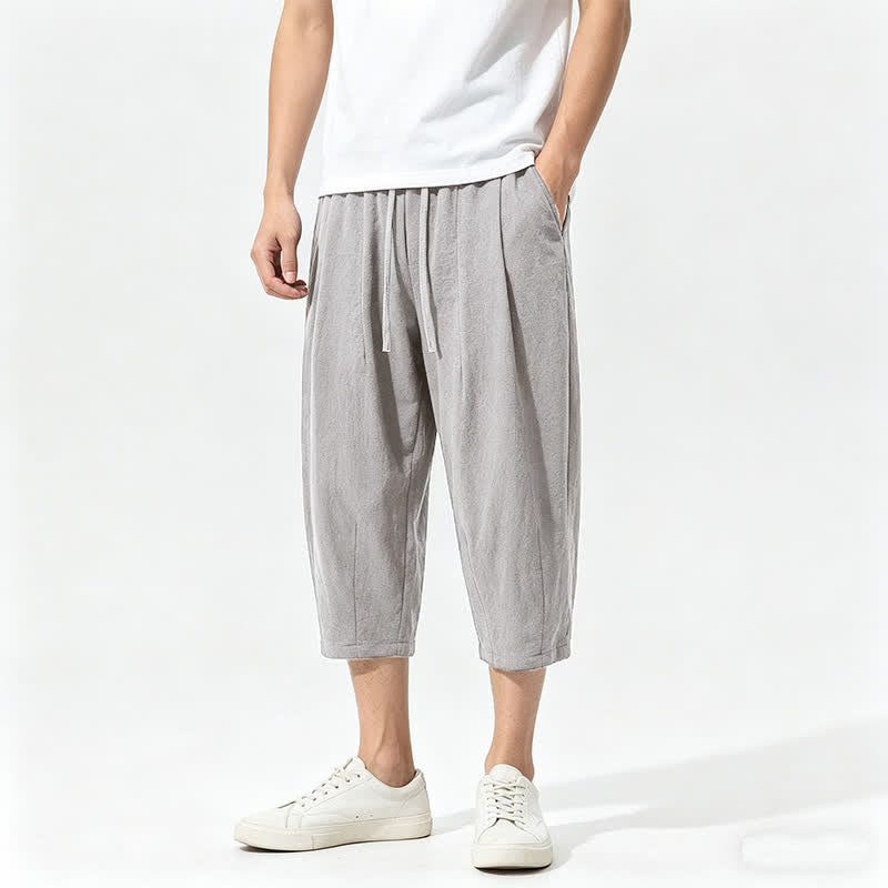 Buddha Stones Summer Casual Drawstring Solid Cotton Capri Pants Men's Harem Pants With Pockets - Silver - US/UK/AU46,EU56 (5XL) - image 0