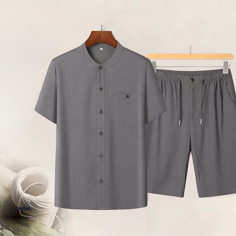 Buddha Stones Summer Casual Mandarin Collar Solid Short Sleeve Shirt Drawstring Pants Men's Matching Sets With Pockets - Dark Gray Shirt + Pants - US/UK/AU46,EU56 (5XL) - image 0