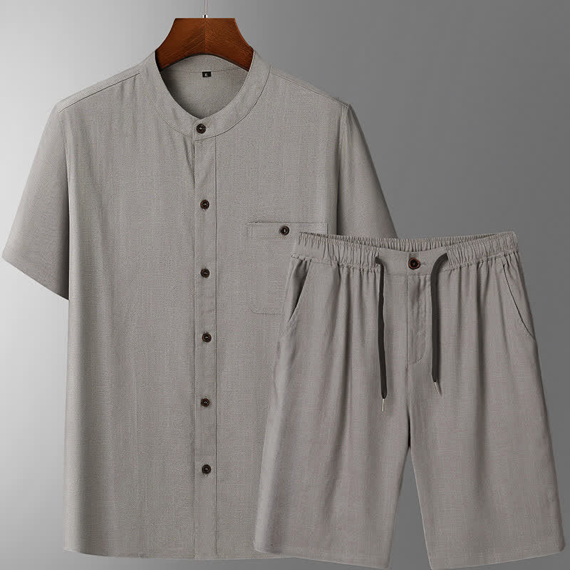 Buddha Stones Summer Casual Mandarin Collar Solid Short Sleeve Shirt Drawstring Pants Men's Matching Sets With Pockets - Light Gray Shirt + Pants - US/UK/AU46,EU56 (5XL) - image 3