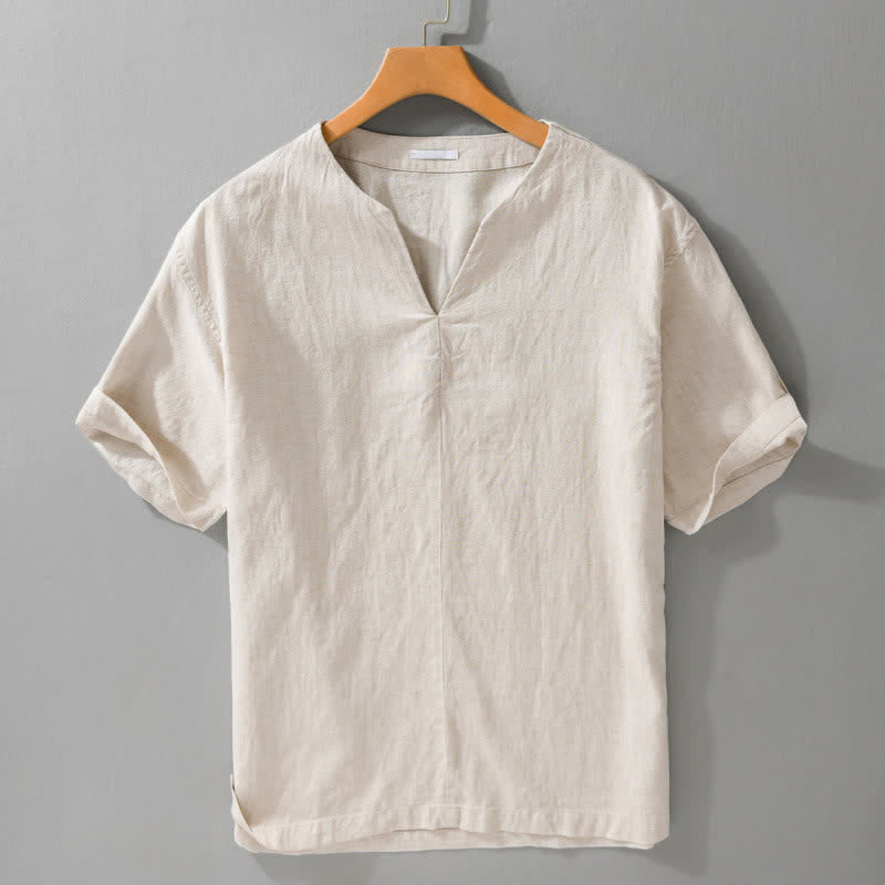 Buddha Stones Summer Minimalist Solid V-Neck Men's Short Sleeve T-Shirts - Linen - US/UK/AU42,EU52 (3XL) - image 0