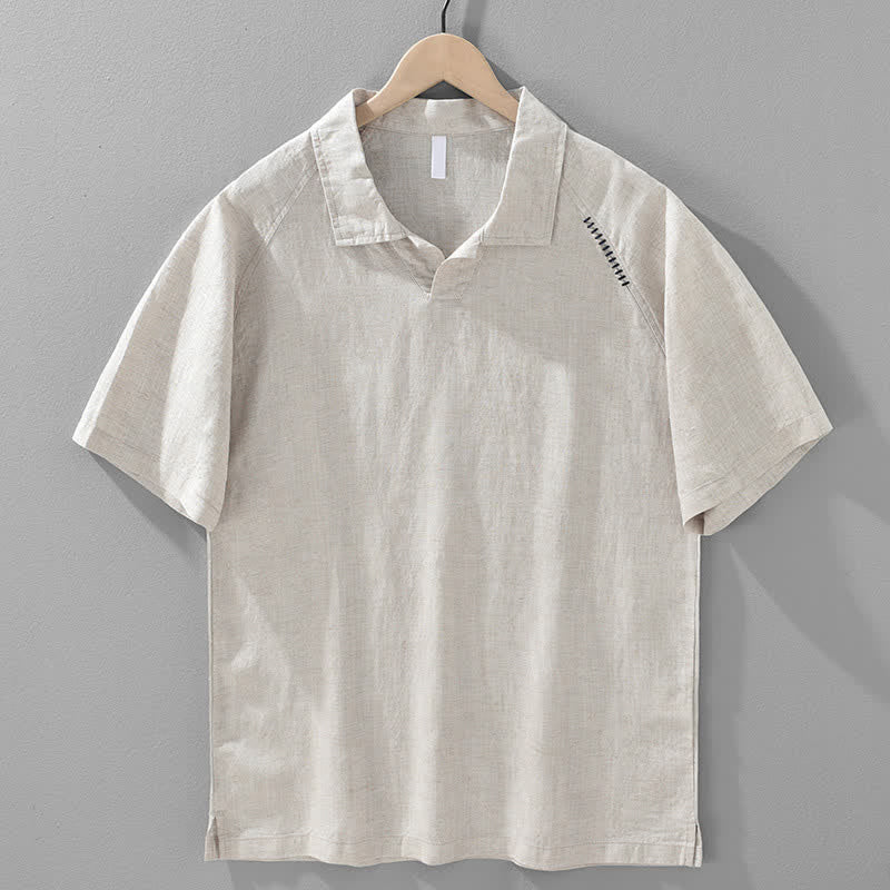 Buddha Stones Summer Casual Minimalist Side Slit Solid Lapel Collar Men's Short Sleeve Shirts - Linen - US/UK/AU42,EU52 (3XL) - image 2