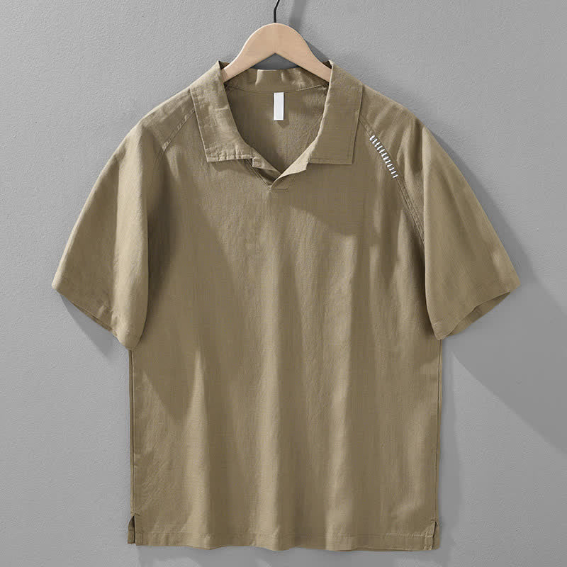 Buddha Stones Summer Casual Minimalist Side Slit Solid Lapel Collar Men's Short Sleeve Shirts - Tan - US/UK/AU42,EU52 (3XL) - image 1