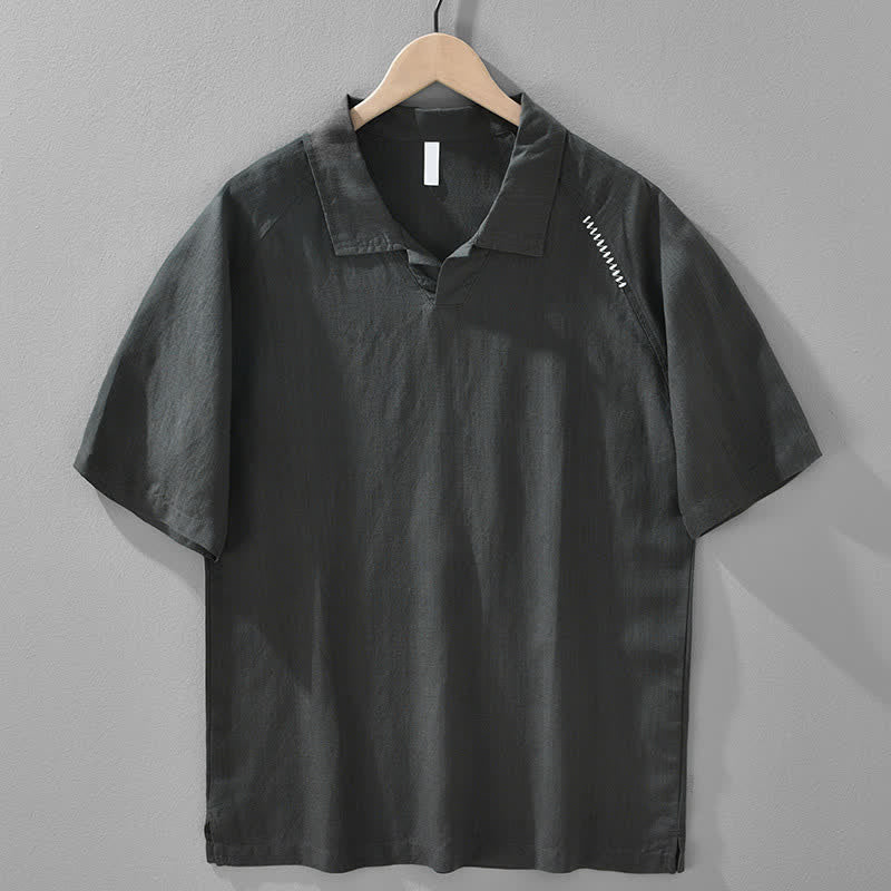 Buddha Stones Summer Casual Minimalist Side Slit Solid Lapel Collar Men's Short Sleeve Shirts - DarkSlateGray - US/UK/AU42,EU52 (3XL) - image 0
