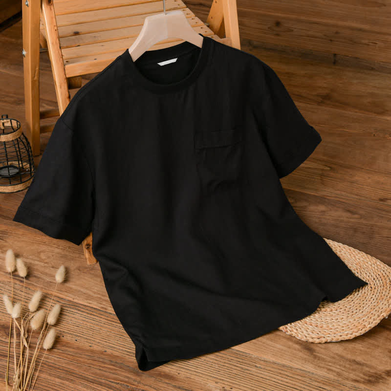 Buddha Stones Summer Casual Minimalist Solid Men's Short Sleeve T-Shirts With Patch Pocket - Black - US/UK/AU42,EU52 (3XL) - image 8