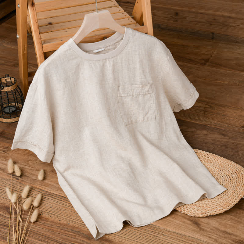 Buddha Stones Summer Casual Minimalist Solid Men's Short Sleeve T-Shirts With Patch Pocket - Linen - US/UK/AU42,EU52 (3XL) - image 0
