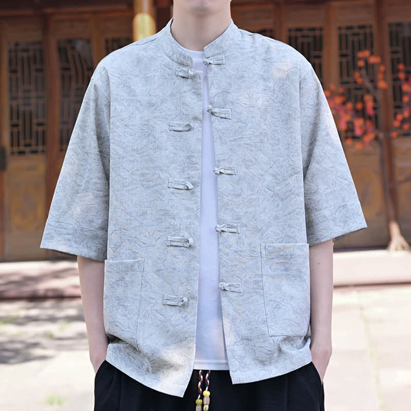 Buddha Stones Summer Tang Style Mandarin Collar Frog Button Solid Men's Short Sleeve Shirts With Pocket - LightBlue - US/UK/AU46,EU56 (5XL) - image 0