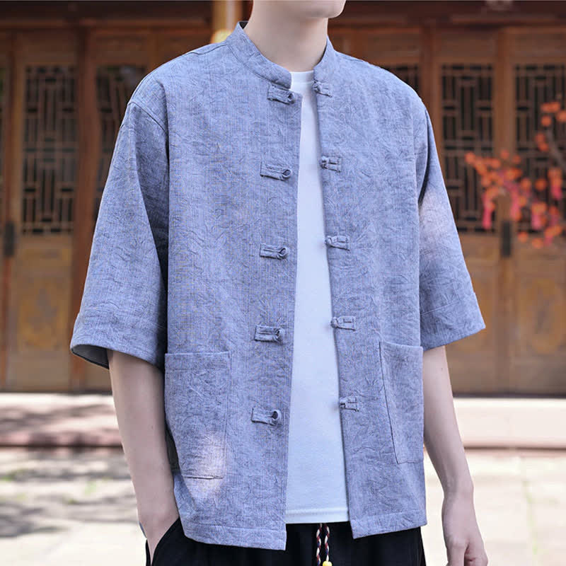 Buddha Stones Summer Tang Style Mandarin Collar Frog Button Solid Men's Short Sleeve Shirts With Pocket - CornflowerBlue - US/UK/AU46,EU56 (5XL) - image 14