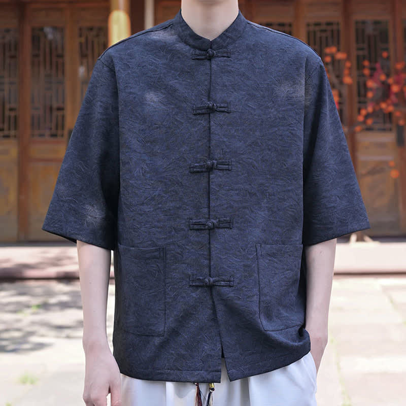 Buddha Stones Summer Tang Style Mandarin Collar Frog Button Solid Men's Short Sleeve Shirts With Pocket - MidnightBlue - US/UK/AU46,EU56 (5XL) - image 7