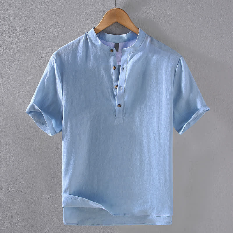 Buddha Stones Summer Tang Style Casual Mandarin Collar Solid Linen Men's Short Sleeve Shirts - PowderBlue - US/UK/AU42,EU52 (3XL) - image 0