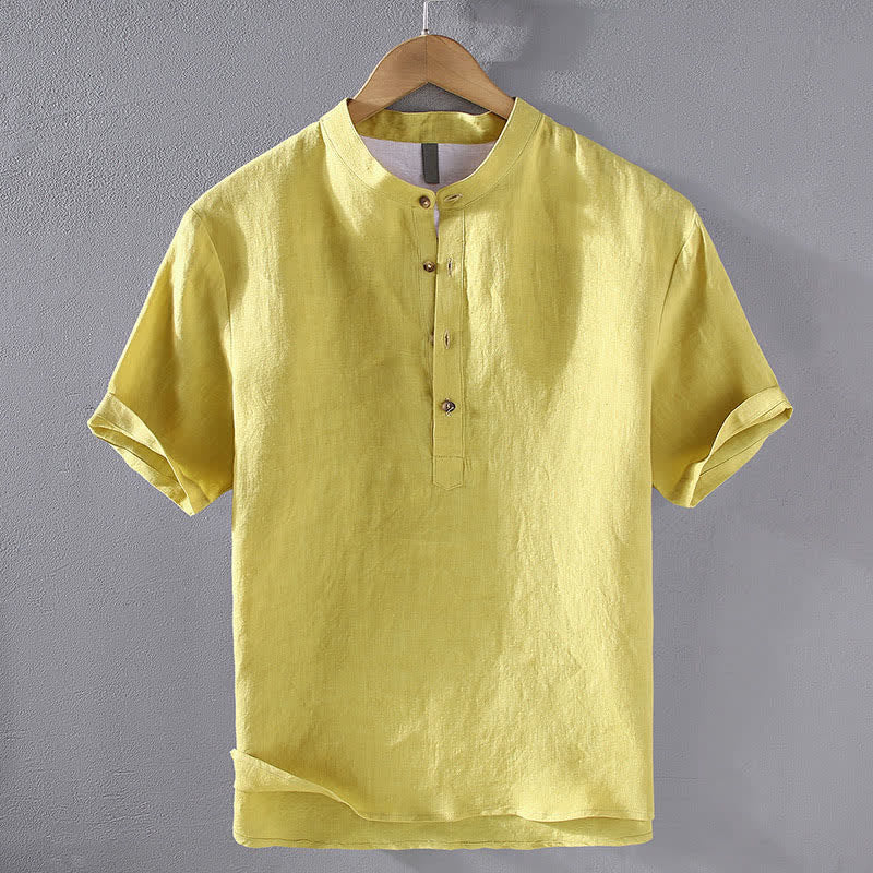 Buddha Stones Summer Tang Style Casual Mandarin Collar Solid Linen Men's Short Sleeve Shirts - Yellow - US/UK/AU42,EU52 (3XL) - image 13