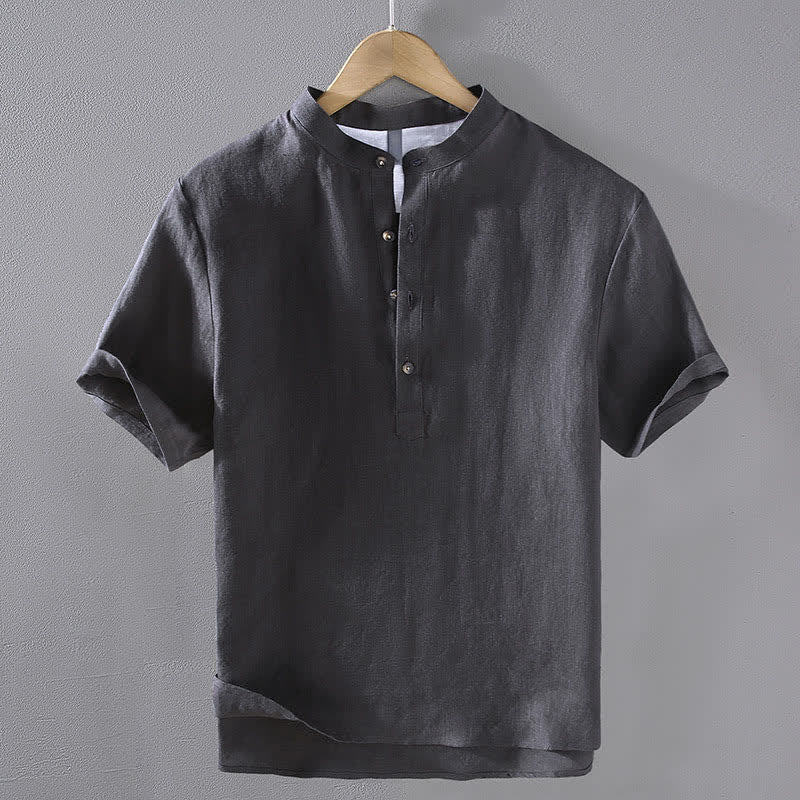 Buddha Stones Summer Tang Style Casual Mandarin Collar Solid Linen Men's Short Sleeve Shirts - DarkSlateGray - US/UK/AU42,EU52 (3XL) - image 12