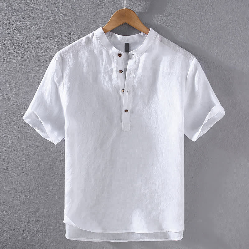 Buddha Stones Summer Tang Style Casual Mandarin Collar Solid Linen Men's Short Sleeve Shirts - White - US/UK/AU42,EU52 (3XL) - image 14