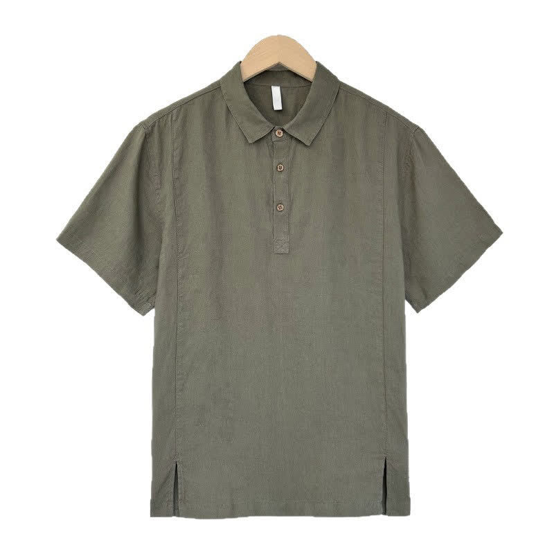 Buddha Stones Summer Casual Side Slit Solid Linen Men's Short Sleeve Shirts - DarkOliveGreen - US/UK/AU44,EU54 (4XL) - image 8