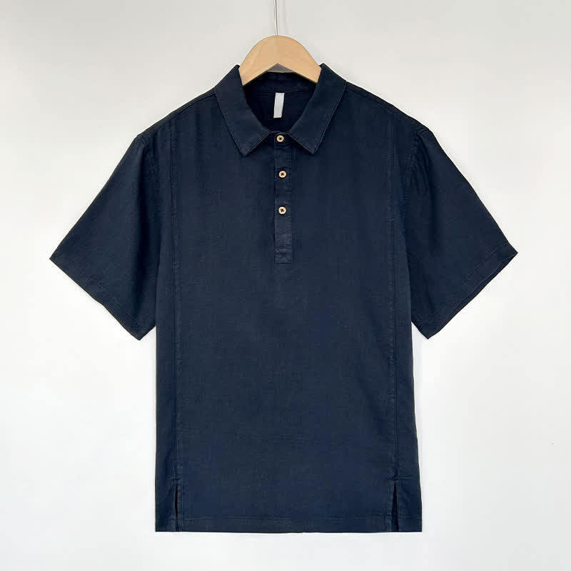 Buddha Stones Summer Casual Side Slit Solid Linen Men's Short Sleeve Shirts - Navy - US/UK/AU44,EU54 (4XL) - image 9